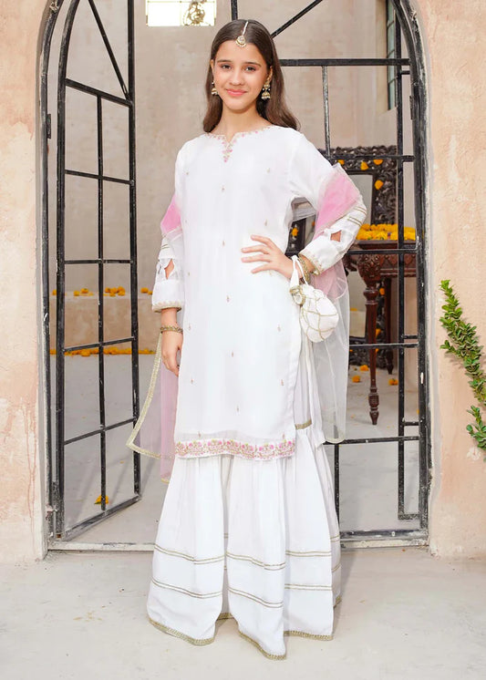 3 Piece White Chiffon Embroidered Gharara