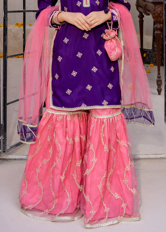 3 Piece Purple Embroidered Rawsilk Gharara