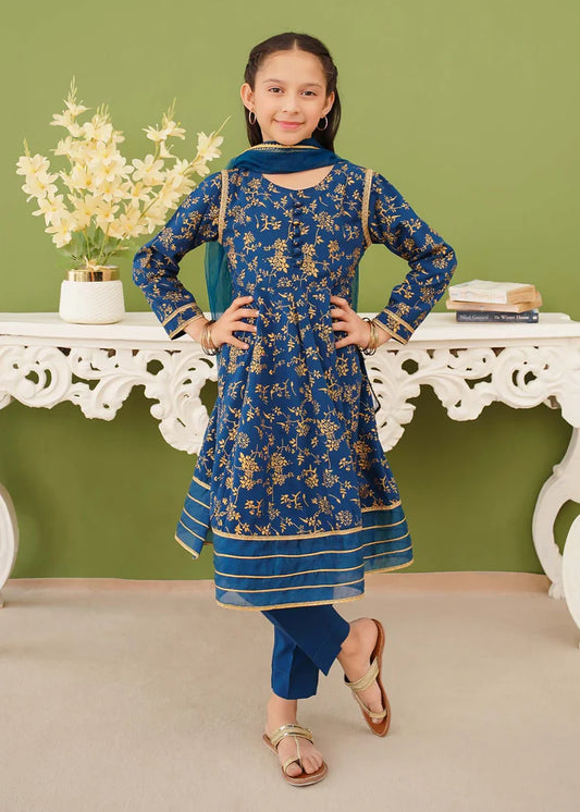3 Piece Blue Cotton Printed Suit