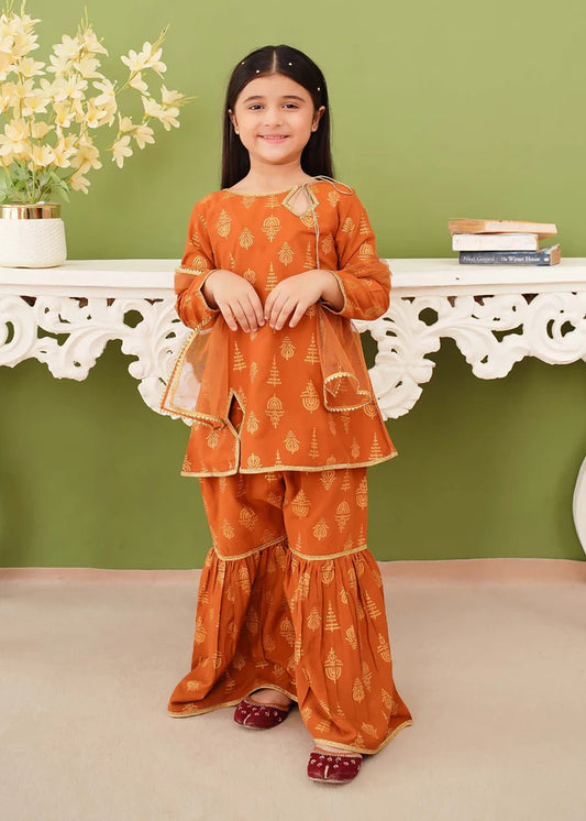 3 Piece Printed Mustard Cotton Gharara