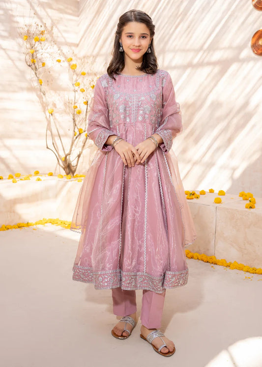3 Piece Tissue Pink Embroidered Frock