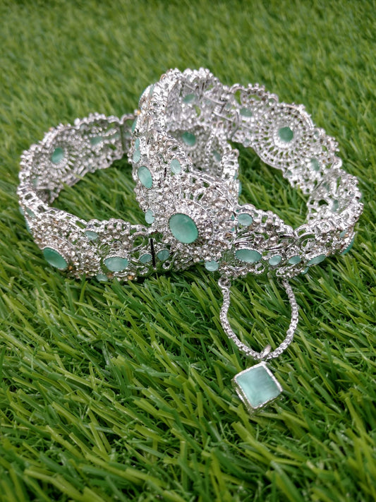 Mint Melody Silver Crystal Bangles (Pair)