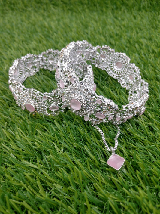 Rose Pink Silver Blossom Bangles (Pair)