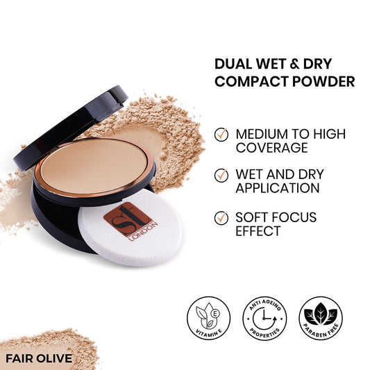 ST London Dual Wet & Dry Compact Powder, Fair Olive, Twin Cake, Paraben Free, With Vitamin E