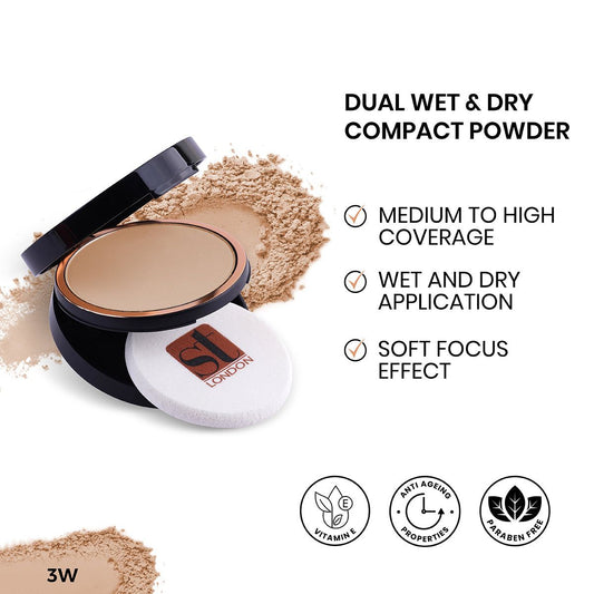 ST London Dual Wet & Dry Compact Powder, Twin Cake, 3W, Paraben Free, With Vitamin E