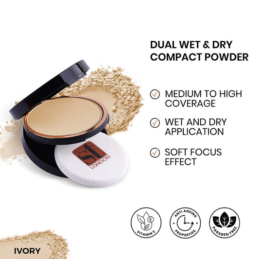 ST London Dual Wet & Dry Compact Powder, Ivory, High Coverage, SPF 15, With Vitamin E