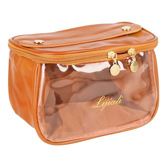 PU Leather Transparent Makeup Bag, Travel Cosmetic Organizer, Brown, AF-63