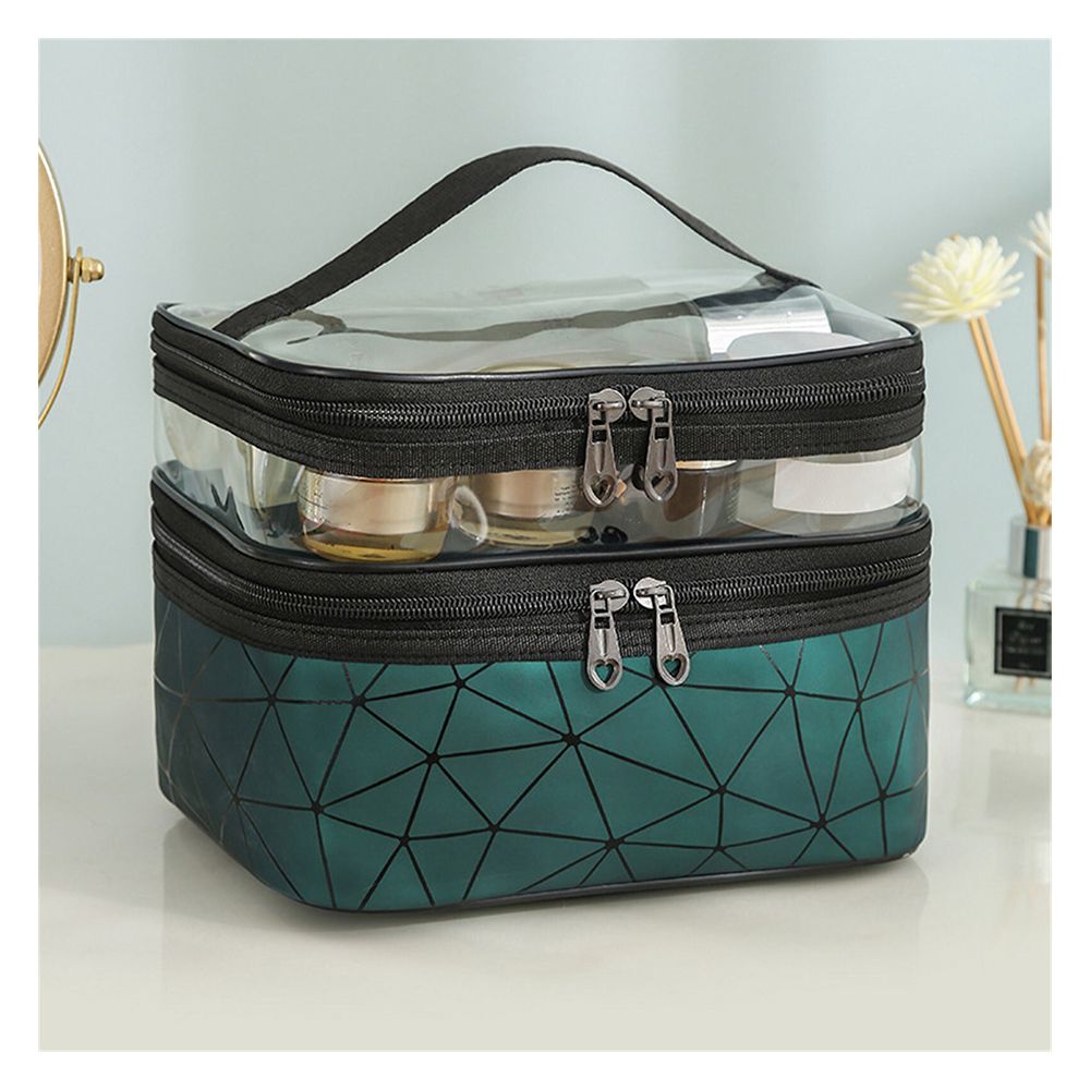 Waterproof Double Layer Zipper Travel Cosmetic Bag, Makeup Organizer & Toiletry Pouch, Green