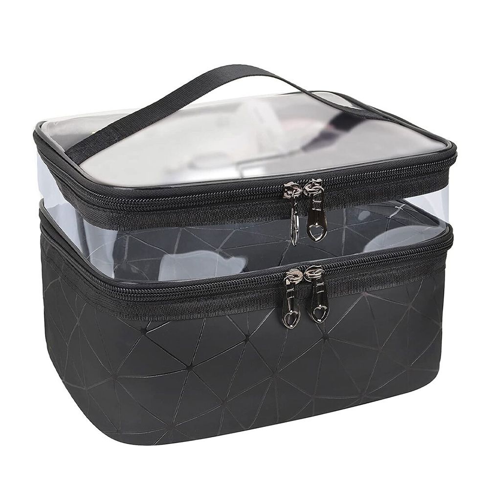 Waterproof Double Layer Zipper Travel Cosmetic Bag, Makeup Organizer & Toiletry Pouch, Black