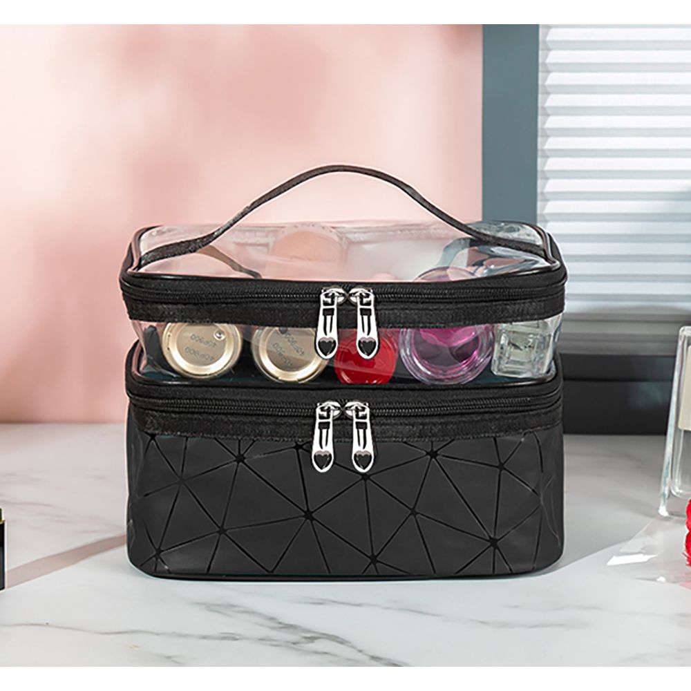 Waterproof Double Layer Zipper Travel Cosmetic Bag, Makeup Organizer & Toiletry Pouch, Black