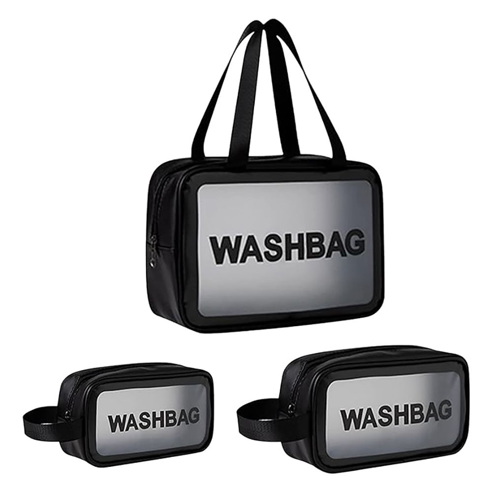 Transparent Waterproof PVC Travel Cosmetic Washbag Set, Makeup Organizer & Toiletry Pouch, 3-Pack, Black