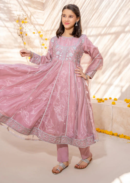 3 Piece Tissue Pink Embroidered Frock