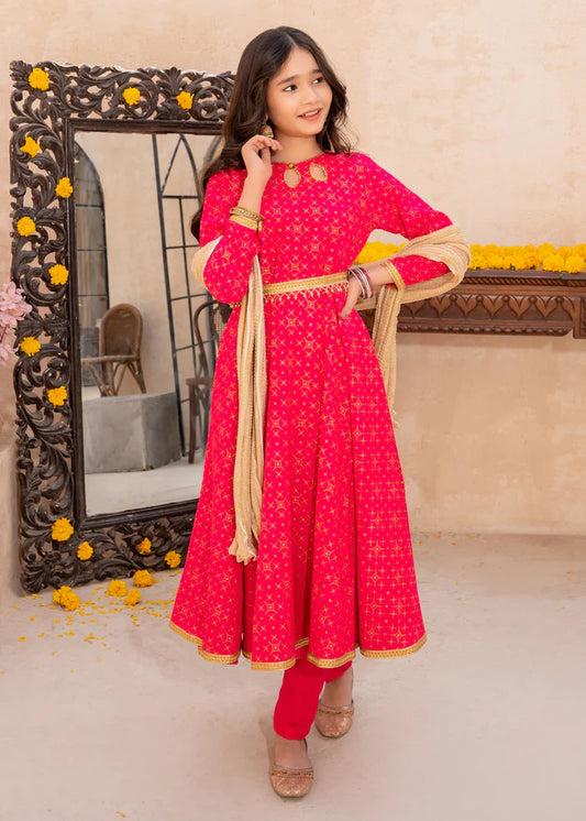 3 Piece Pink Rawsilk Printed Frock
