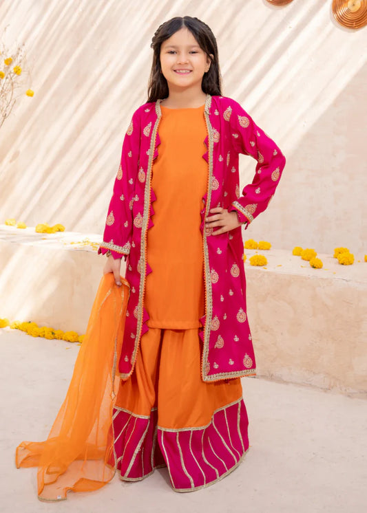 3 Piece Orange Rawsilk Embroidered Gharara