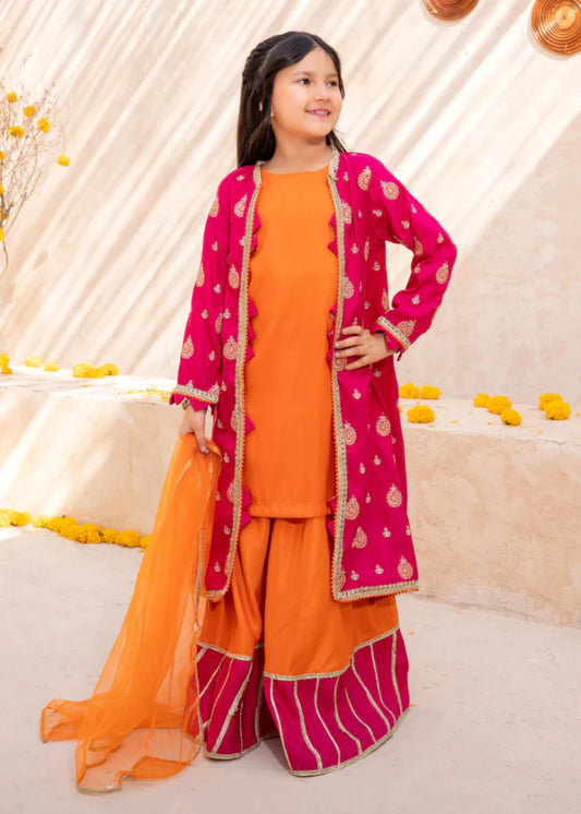 3 Piece Orange Rawsilk Embroidered Gharara