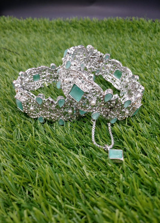 Emerald Aura Silver Kada Bangles (Pair)