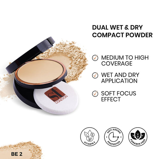 ST London Dual Wet & Dry Compact Powder, BE 2, High Coverage, SPF 15, With Vitamin E