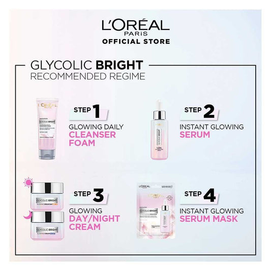 L'Oreal Paris Glycolic-Bright Glowing Daily Face Wash, For Even Glowing Skin, 100ml - Brightening, Dark Spots, Glowing Skin