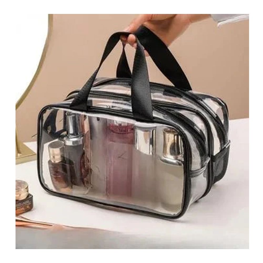 AJF Stylish Dual Zip Clear Waterproof Makeup Bag, Portable Travel Cosmetic Organizer, Black